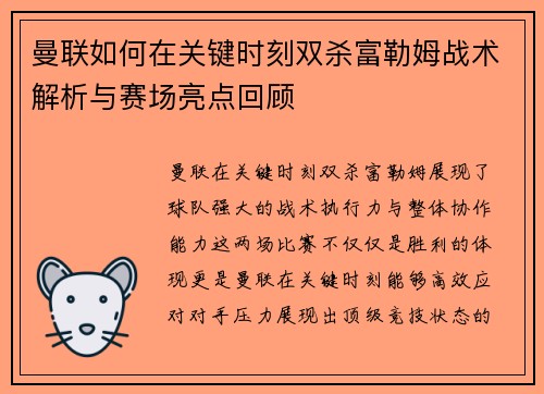 曼联如何在关键时刻双杀富勒姆战术解析与赛场亮点回顾