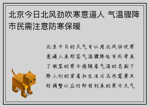 北京今日北风劲吹寒意逼人 气温骤降市民需注意防寒保暖