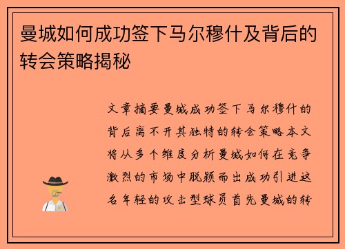 曼城如何成功签下马尔穆什及背后的转会策略揭秘